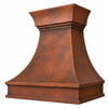 Bell-shape rustic hammered copper range hood in natural fired patina with hand-hammered texture