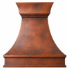 Bell-shape rustic hammered copper range hood with natural fired patina and traditional molded trim