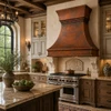 Rustic hammered copper range hood in European kitchen with stone surrounds, dark wood cabinetry and timber ceiling