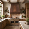 Rustic farmhouse kitchen with hammered copper range hood, brick backsplash, reclaimed beams, and wood cabinetry