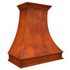 Country kitchen copper exhaust hood angled view, curved copper canopy with warm rustic patina and tapered side profile
