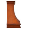 Country kitchen copper exhaust hood side view, curved copper canopy with warm rustic patina and tapered profile silhouette
