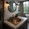 Square drop-in undermount bronze bathroom sink with round bowl in a Soho loft style bathroom