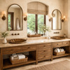Brass scalloped shell bathroom sink with radial fluted design in a bathroom setting