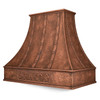 Custom embossed apron copper range hood with bell canopy, detail view