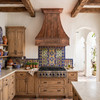 Custom embossed apron copper range hood with bell canopy, hacienda wall mount