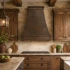 Exhaust copper kitchen hood with pyramidal shape in a rustic home kitchen with wood and stone