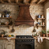 Honey color hammered copper range hood with deep concave apron in European country kitchen