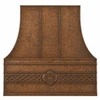 Celtic knot copper range hood with embossed apron, hammered antique copper finish, front view