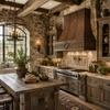 Celtic knot copper hood in a Rustic European kitchen with stone walls, reclaimed beams, aged wood, and handmade tile