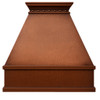 Classic copper range hood with rustic design front view, hammered copper surface with warm patina and decorative riveted crown molding