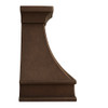 Rustic copper kitchen range hood shown side view, hammered surface with warm patina and sloping canopy profile