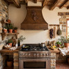 Tuscan farmhouse kitchen with pinched-waist bell copper range hood