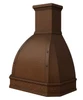 Antique hammered copper dome range hood with riveted curved bands and decorative floral apron, angled view