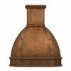 Hammered copper dome range hood with riveted bands, floral apron and antique patina, front view