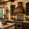 Copper dome range hood in Spanish Revival kitchen with dark wood cabinets, Talavera tile and warm plaster
