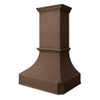 High ceiling island copper range hood angled view, tall hammered copper canopy with dark rustic patina and extended chimney silhouette