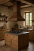 High ceiling island 30-inch copper range hood in rustic kitchen, tall hammered copper canopy with dark rustic patina above wood beams and stone backsplash