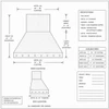 Custom tapered copper range hood technical drawing showing front profile, chimney, canopy, apron, and proportions