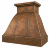 Angled hammered copper range hood with bell canopy, twin straps, stepped crown and embossed botanical apron