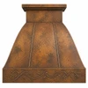 Hammered copper range hood with flared bell canopy, twin raised straps, stepped crown and botanical apron