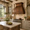 Hammered copper range hood in French Country kitchen with limestone, warm wood and muted cabinetry