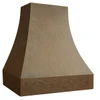 Angled view of hand-hammered bell copper range hood showing curved canopy and decorative copper apron