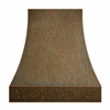 Front view of hand-hammered bell copper range hood with antique patina and ornate foliate apron