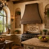 Hand-hammered bell copper range hood in Tuscan kitchen with travertine, distressed wood and warm stone