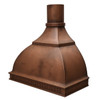 Curved bell copper range hood front view on white background with paneled apron, cylindrical chimney, and broad bell canopy