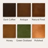 Copper range hood finish options including coffee, antique, natural, honey, oxidized patina and hand polished copper surfaces