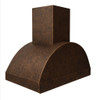 Barrel copper range hood with arched canopy and hammered texture and antique patina finish on white background