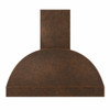 Barrel copper range hood front view on white background with arched canopy and hammered texture