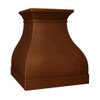 Angled view of a handcrafted copper range hood with flared bell silhouette
