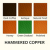 Patina finish swatches for hammered copper exhaust hood with coffee, antique, natural, honey, green, and polished options