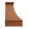 Hammered copper exhaust hood side view on white background with grapevine apron, sloped body, and crown molding