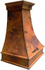 Colonial hammered copper vent hood side view on white background, tapered bell silhouette with crown molding, hammered texture and warm copper patina finish