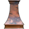 Colonial hammered copper vent hood front view on white background, tapered bell silhouette with crown molding and rich copper patina finish