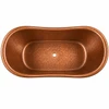 Freestanding hand hammered copper bathtub with architectural straight walls and centered drain, viewed from above