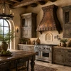 Gothic-style dome copper range hood in Old World European kitchen with aged plaster, timber beams and distressed wood