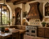 Gothic-style dome copper range hood in Spanish Colonial Revival kitchen with warm plaster, carved wood and tile