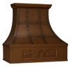 Rustic copper range hood with grapevine apron and straps angled view, hammered copper canopy with riveted bands and decorative vineyard motif in warm patina finish
