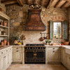 Rustic luxury copper range hood with curved chimney and hammered texture in Tuscan villa kitchen with stone and travertine