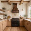 Customizable bell copper range hood in fired patina finish, shown with optional decorative insert for broad apron