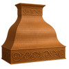 Farmhouse copper range hood with decorative scroll apron angled view, hammered bell canopy with light antique patina and ornate scroll detailing