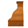 Farmhouse copper range hood with decorative scroll apron side profile view, hammered bell canopy with light antique patina and ornate scroll detailing