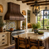 Copper dome range hood with architectural strap grid in a bright Spanish Revival kitchen