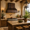 Copper dome range hood with architectural strap grid in a Tuscan kitchen with travertine and reclaimed wood