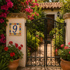Talavera tile plaque number nine with Mexican floral border displayed on a garden gate surrounded by flowering plants