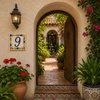 Talavera tile plaque number nine with Mexican floral border installed above an arched doorway with classic Mediterranean charm